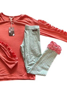 Matilda Jane Coral Ruffle Top with Mint Floral Ruffle Leggings